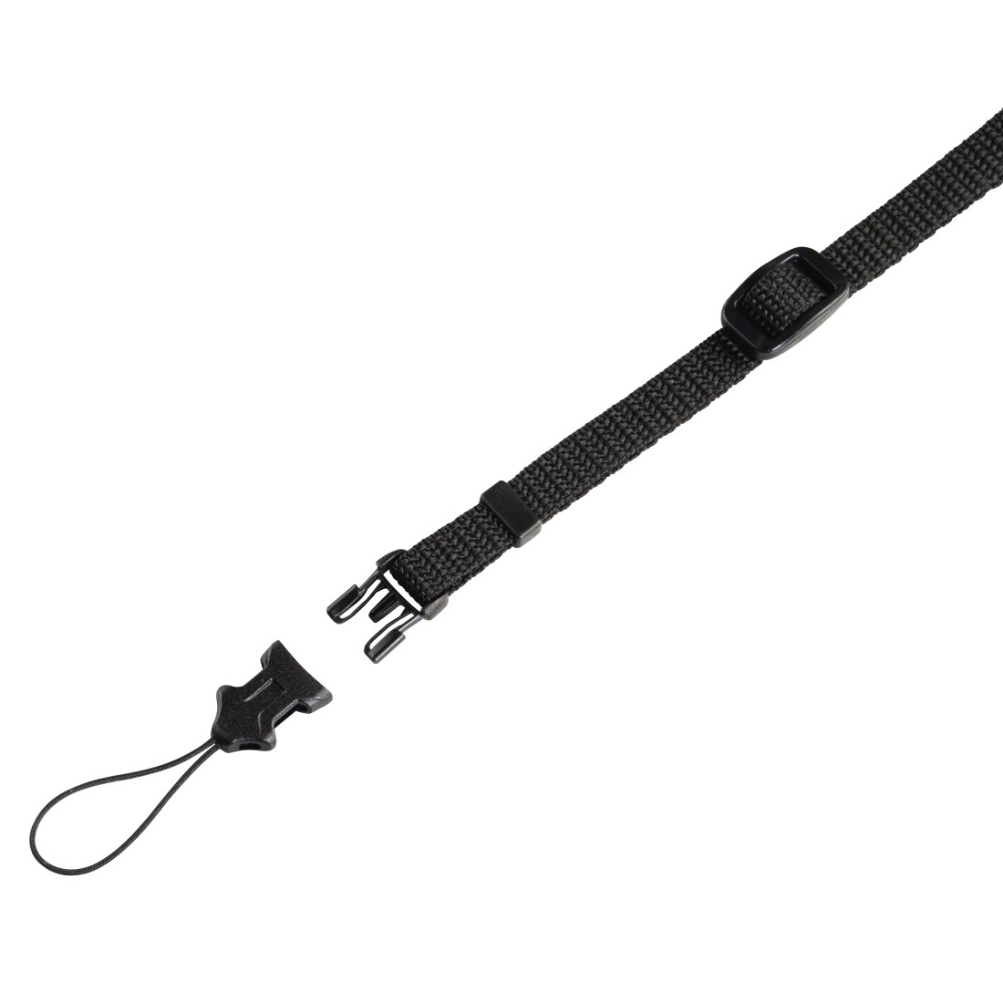 Sangle d'appareil photo noire avec une boucle et une petite boucle. La sangle est reliée par un verrou en plastique.