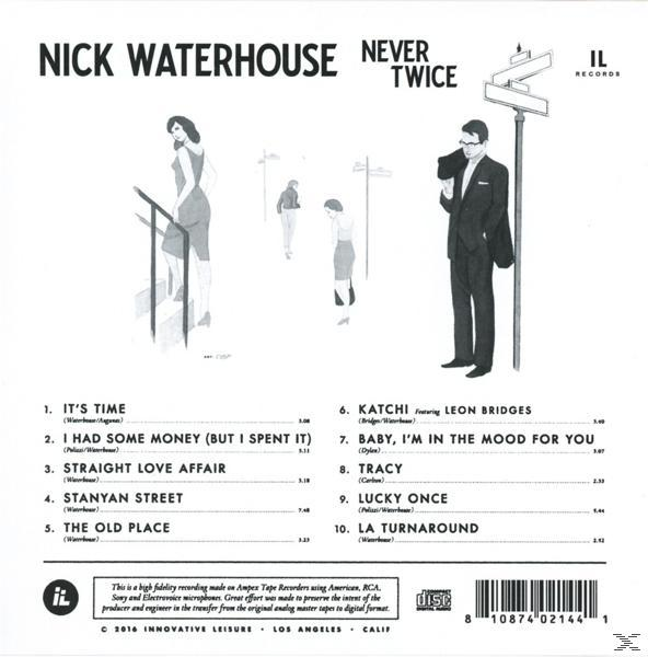 Rückseite eines Nick Waterhouse Albums. Bilder von Leuten. Songtitel und Credits aufgelistet.