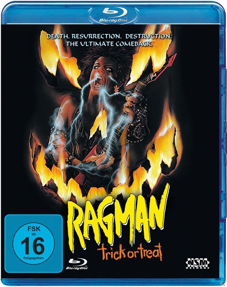 Blu-ray Cover des Films 'Ragman: Trick or Treat'. Bild zeigt einen Mann, der Gitarre spielt und in Flammen steht.