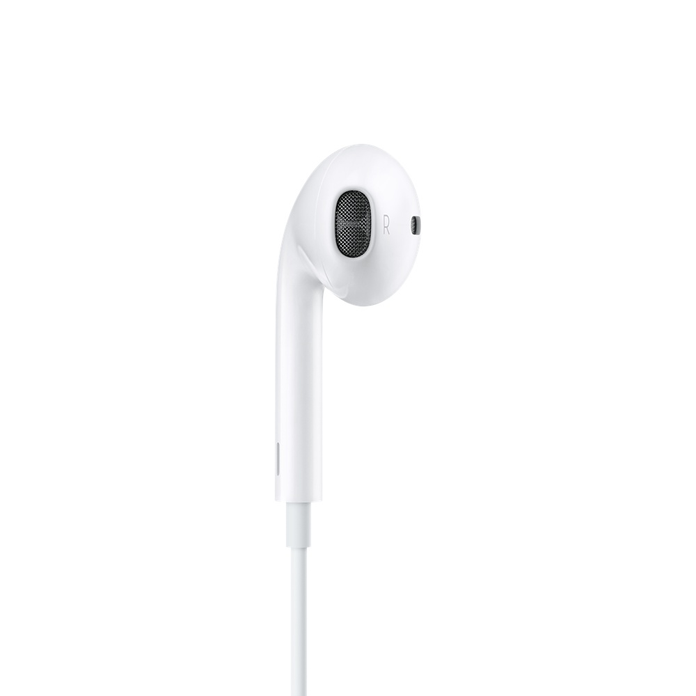 Weißer Apple-Kopfhörer. Nahaufnahme des Ohrhörers. Weißes Kabel. Weißer Hintergrund.