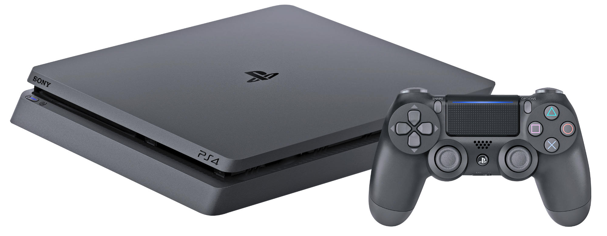 Grijze PS4-console en een controller op een witte achtergrond.