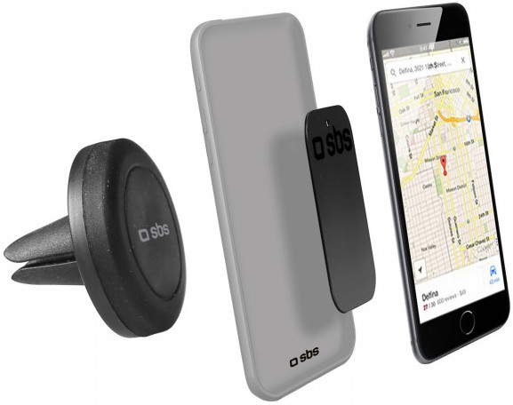 Support de téléphone de voiture avec une base magnétique noire et un téléphone affichant une carte avec navigation. Noir et gris.