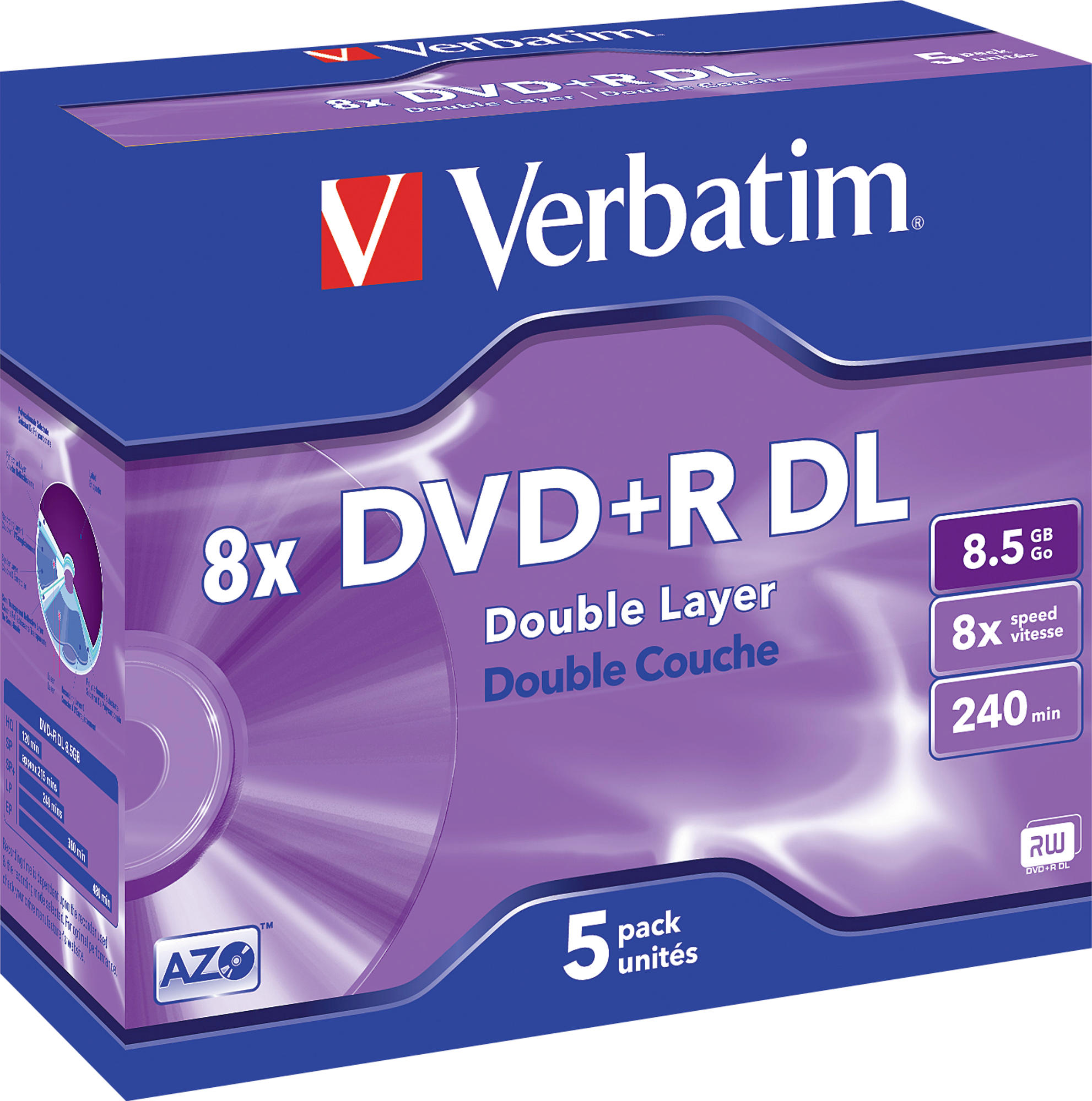 Eine DVD+R DL-Verpackung, lila und blau. Sie zeigt 'Verbatim', 'DVD+R DL' und '5er-Pack'.