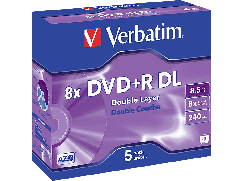 VERBATIM 43541 DVD+R Double Layer 8.5GB 8X 5PK Jewel Case Matt Silver Rohling