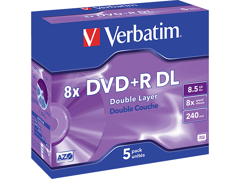 43541 DVD+R VERBATIM Jewel Case 8.5GB 5PK Matt 8X Layer Silver Double Rohling