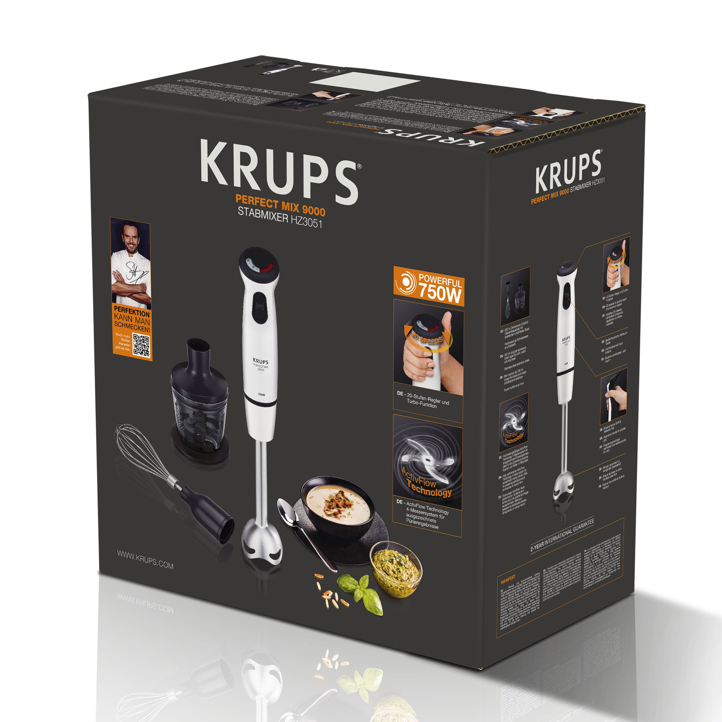 KRUPS HZ3051 Perfect Mix 9000 Plus Stabmixer Hochglanz Weiß/Grau/Edelstahl gebürstet (750 Watt)