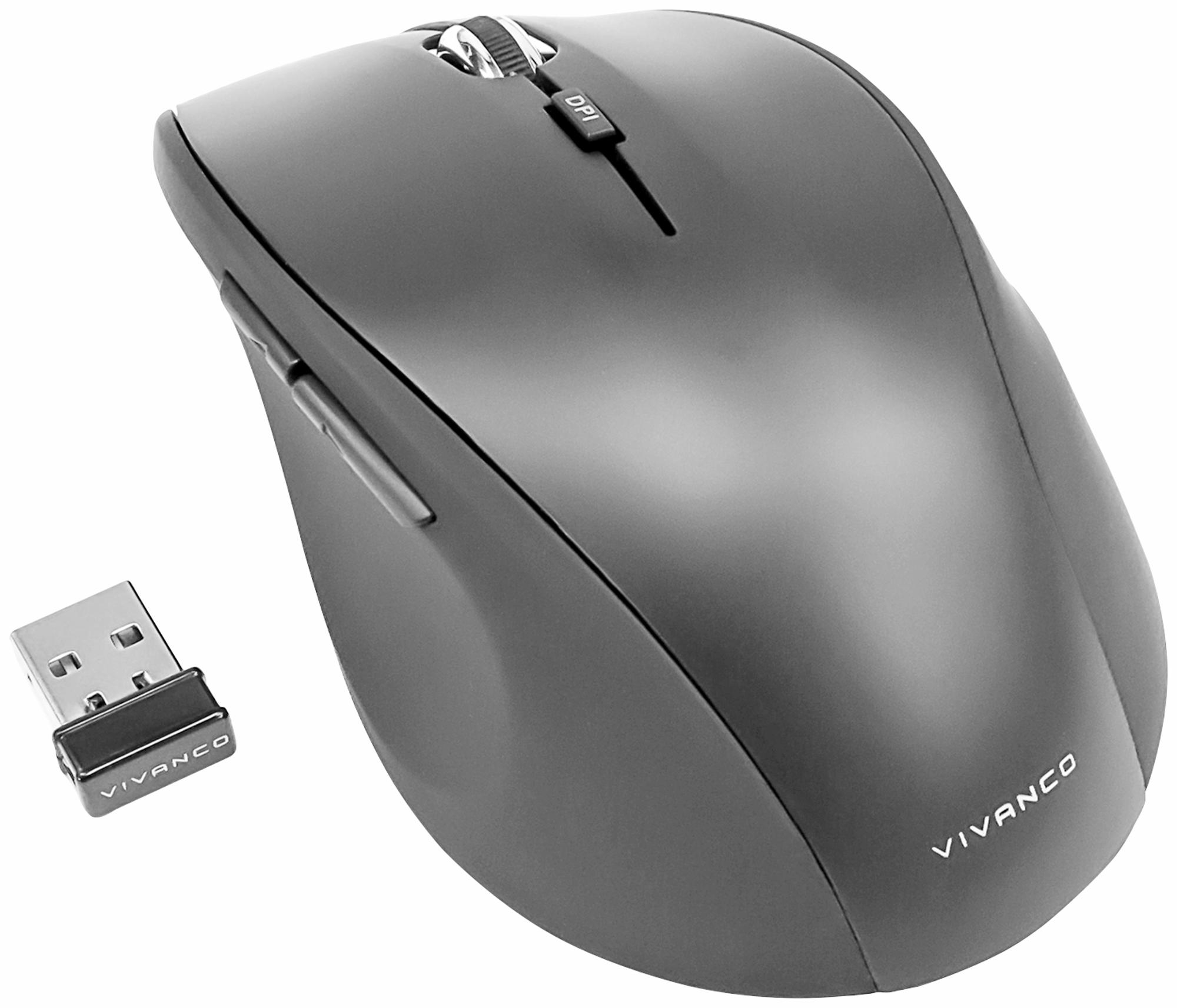 Graue drahtlose Maus mit DPI-Taste und USB-Empfänger. Markenname Vivanco.