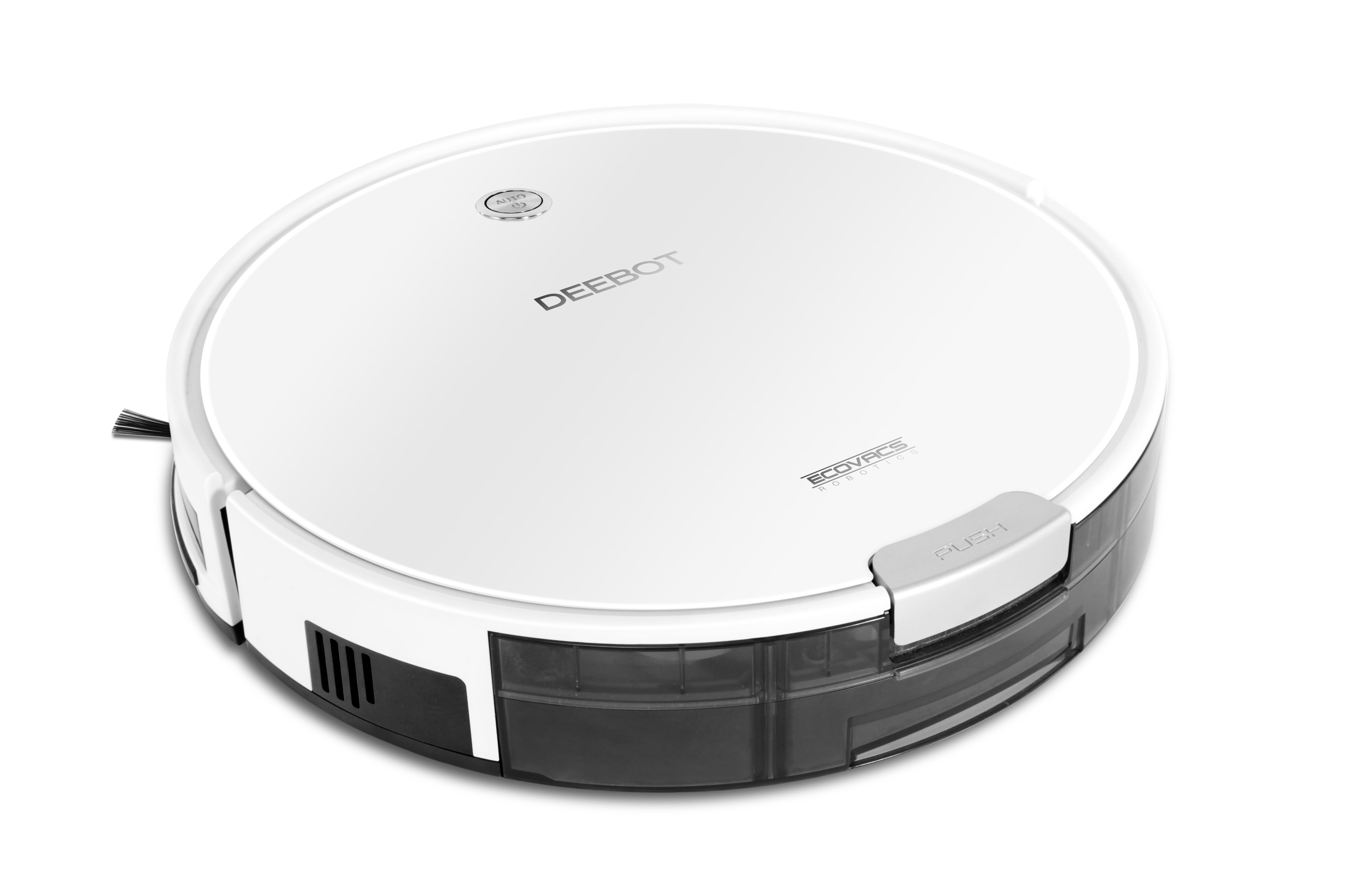 Weißer runder Roboter-Staubsauger. Hat schwarze Akzente, Knöpfe und eine Bürste. Markenname DEEBOT und ECOVACS sind sichtbar.