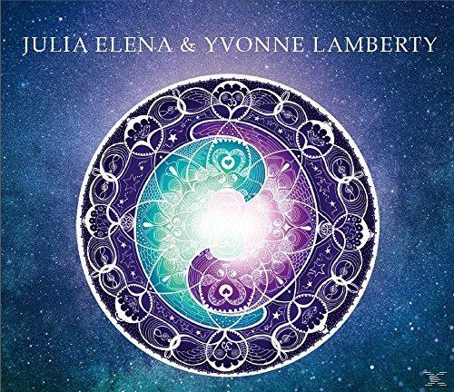 Ein Mandala-Design vor sternenklarem Hintergrund. Das Design ist kreisförmig, mit violetten, teal- und weißen Farben.