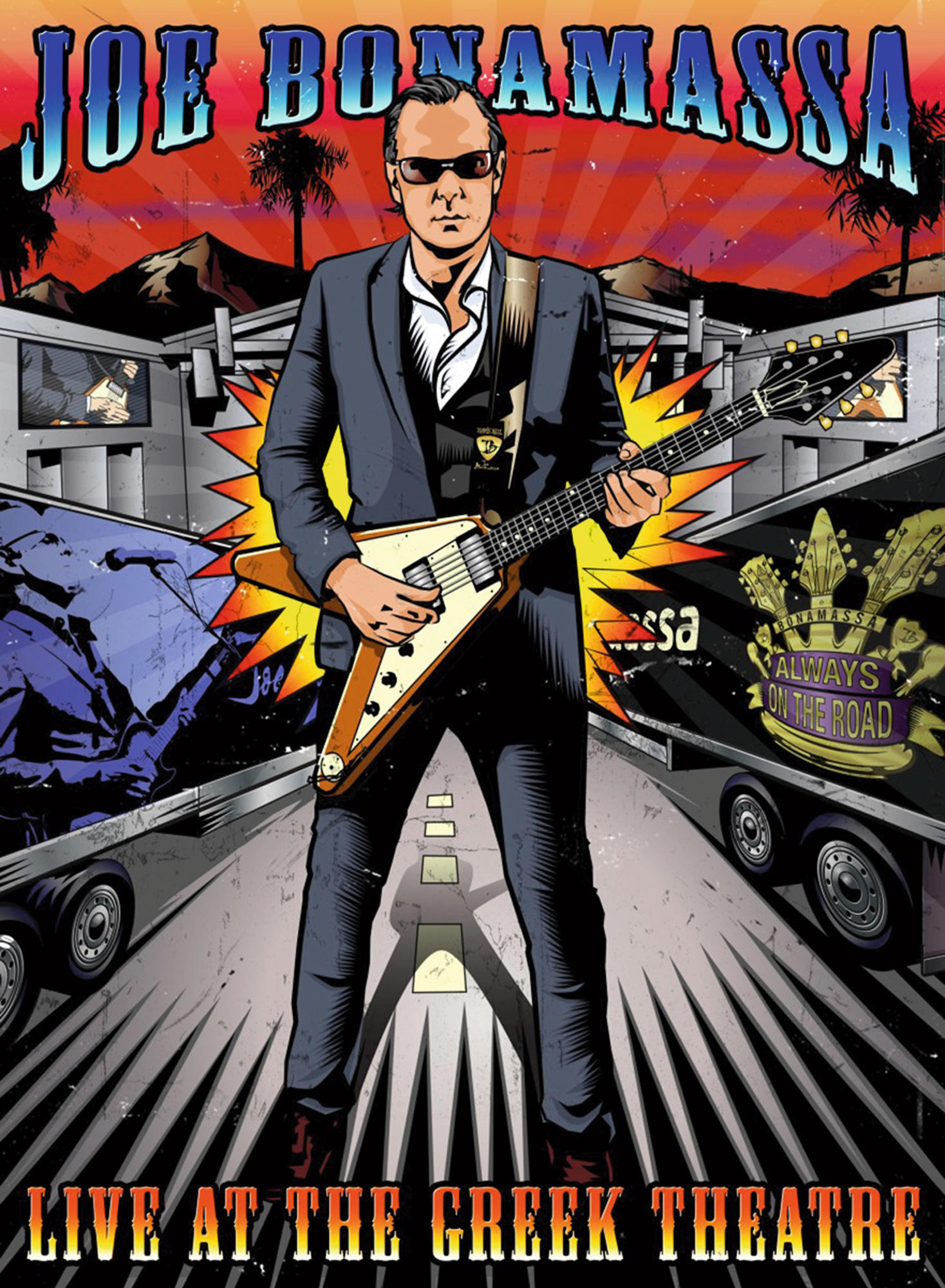 Joe Bonamassa, der eine Gitarre auf einer Bühne mit einem Lastwagen hält. Lebendige Farben und Text.