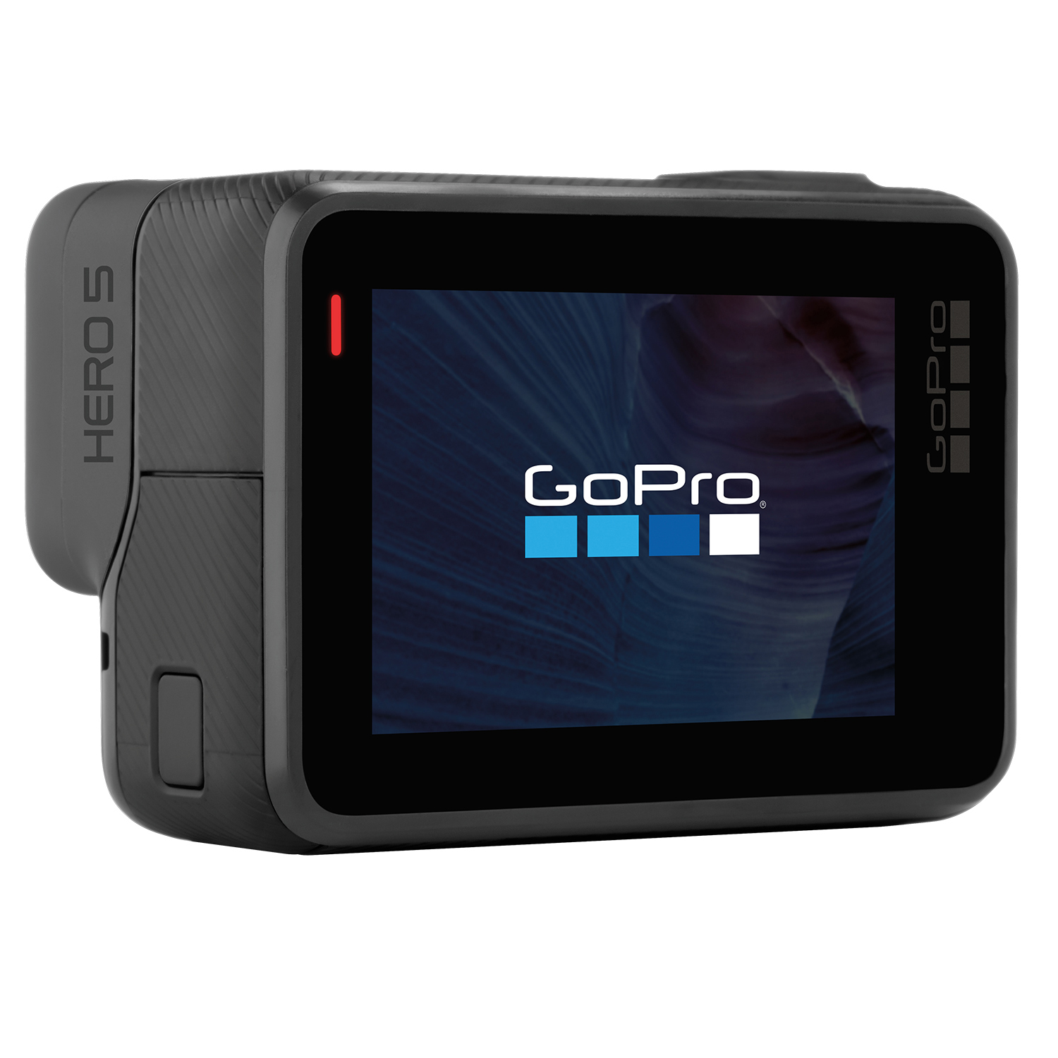 Schwarze GoPro Hero 5 Kamera, die das GoPro-Logo auf dem Bildschirm zeigt.