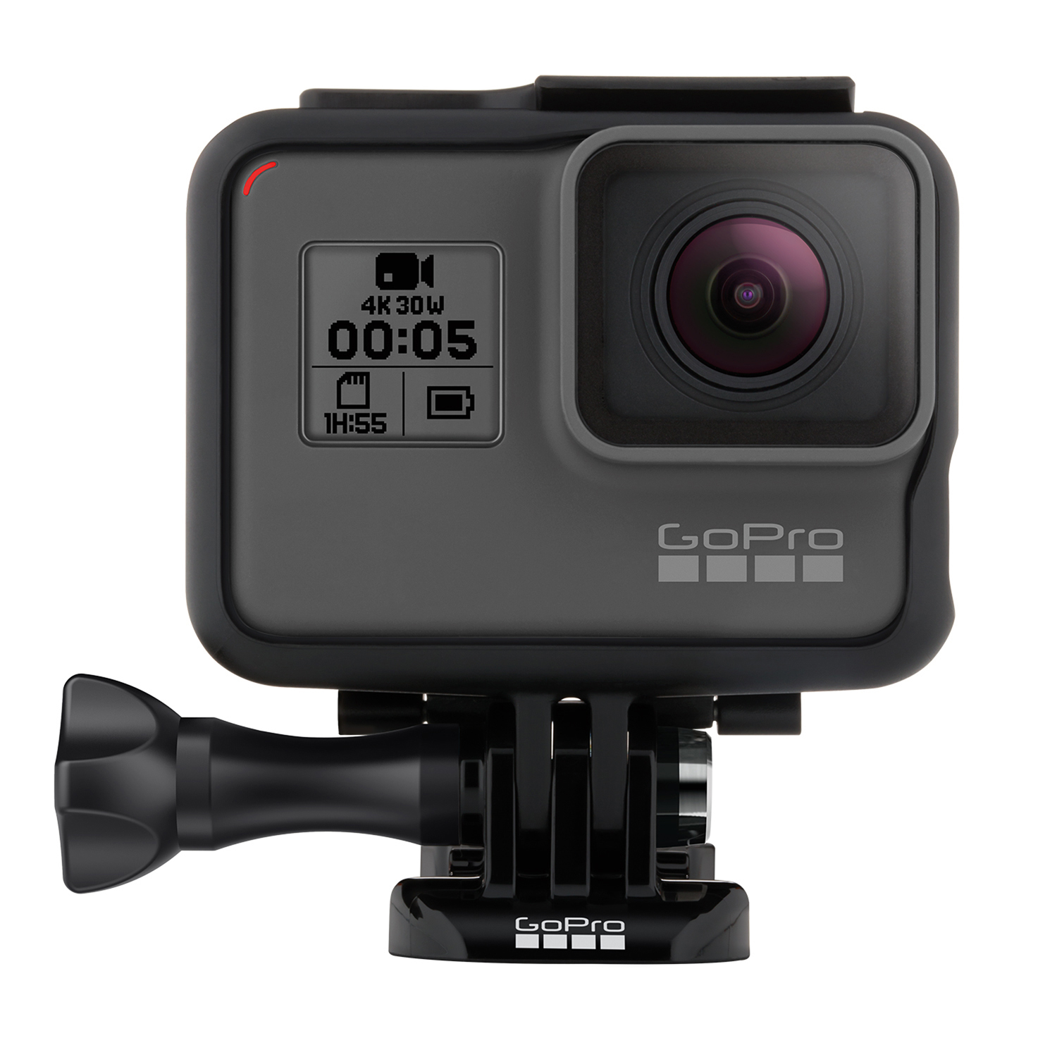 GoPro-Kamera in einem Rahmen mit einem Bildschirm, der Aufnahmeinformationen anzeigt. Sie befindet sich auf einer Halterung.