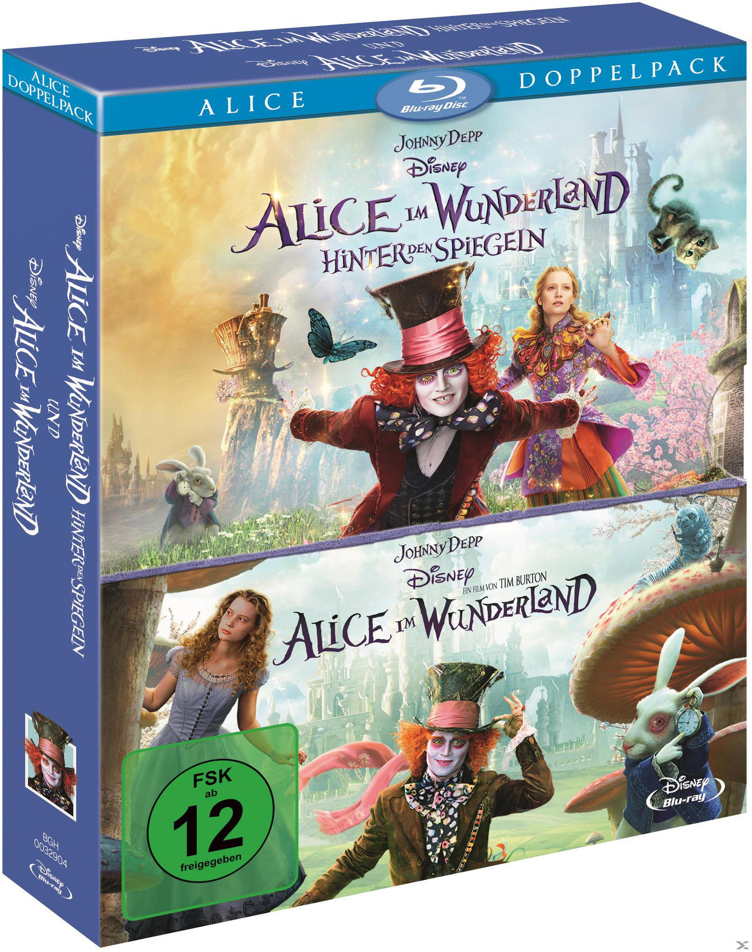 Blu-ray Doppelpack von 'Alice im Wunderland' und 'Alice hinter den Spiegeln' mit Filmbildern.
