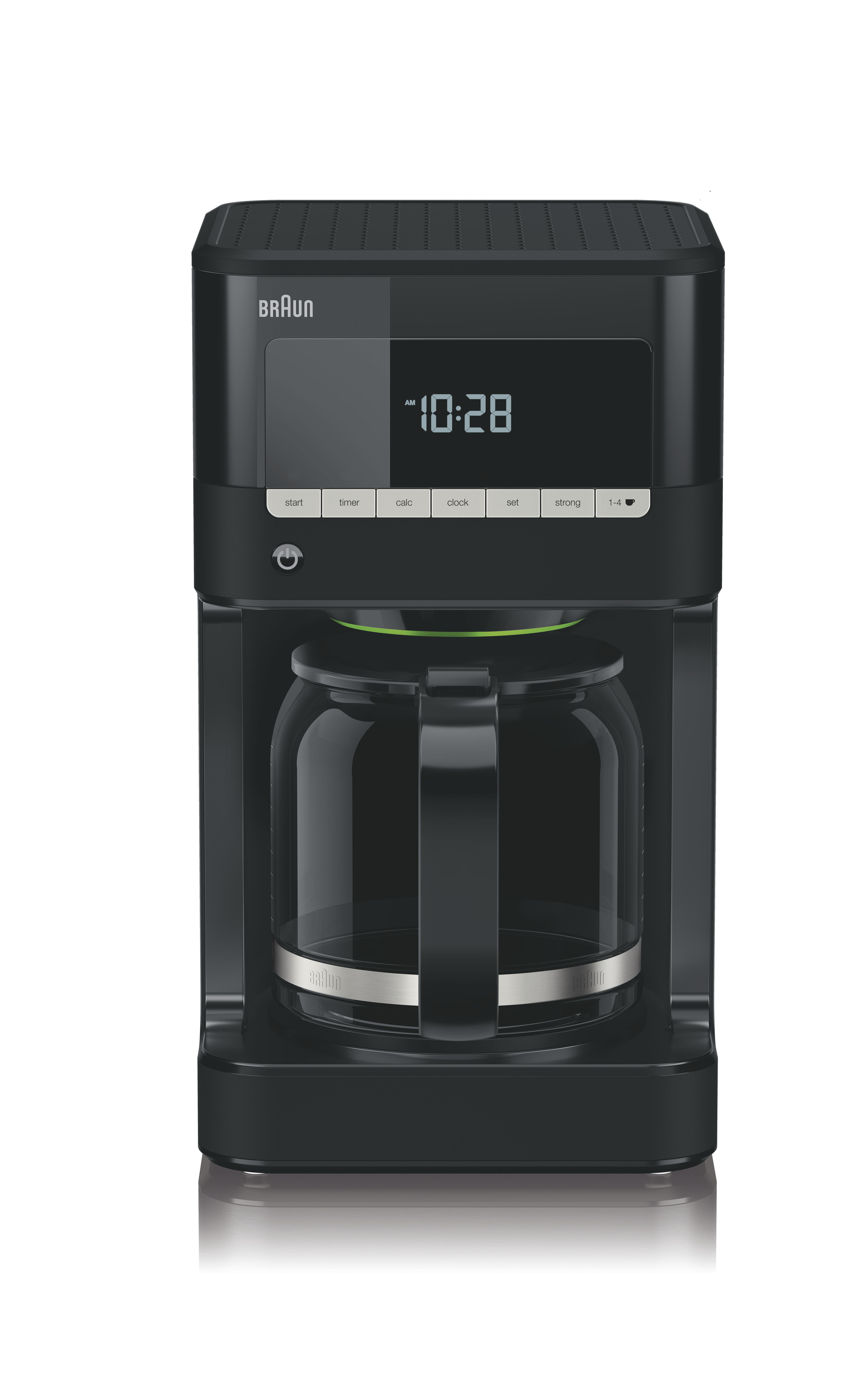 A black Braun coffee machine. It has a digital clock display and a glass carafe.