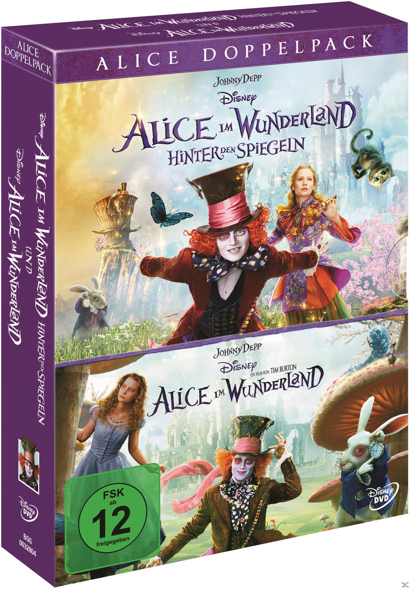 Alice im Wunderland DVD-Set. Zwei DVDs mit verschiedenen Bildern von Alice und dem Hutmacher.