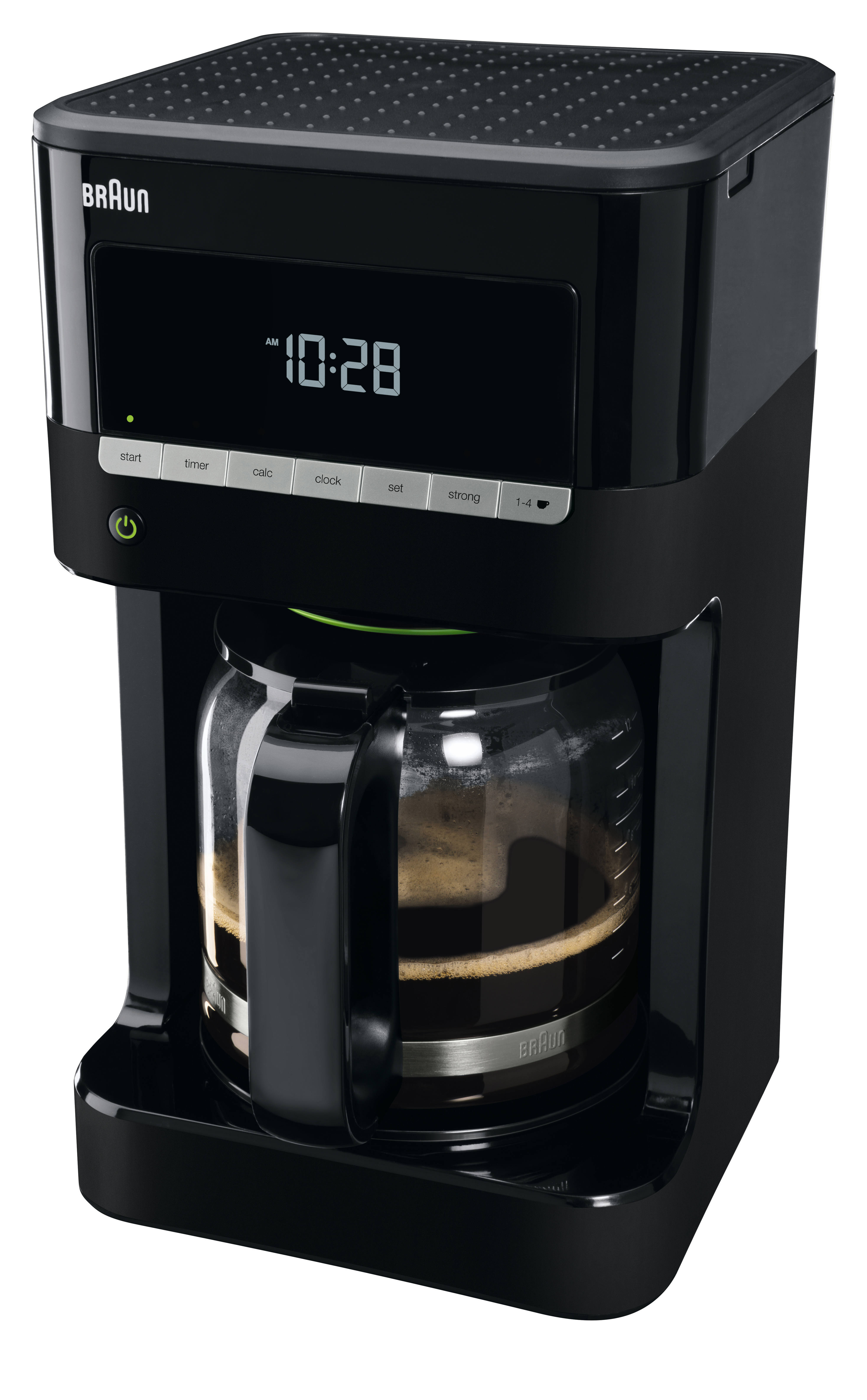 A black Braun coffee maker with a digital display showing the time. Glass carafe with coffee inside.
