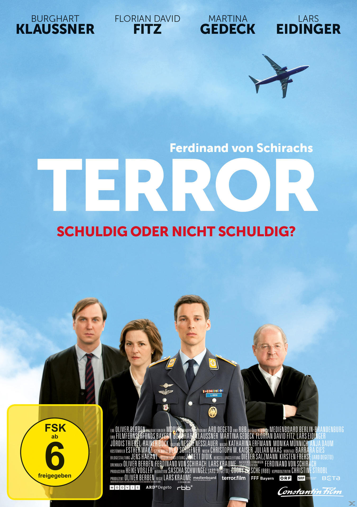 Filmplakat für Terror. Enthält Schauspieler, ein Flugzeug und Text: Schuldige oder nicht schuldig?