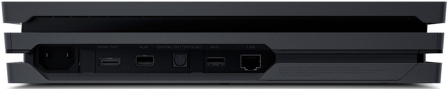 Achterkant van een zwarte gameconsole met diverse poorten, waaronder HDMI, USB en LAN. Witte achtergrond.