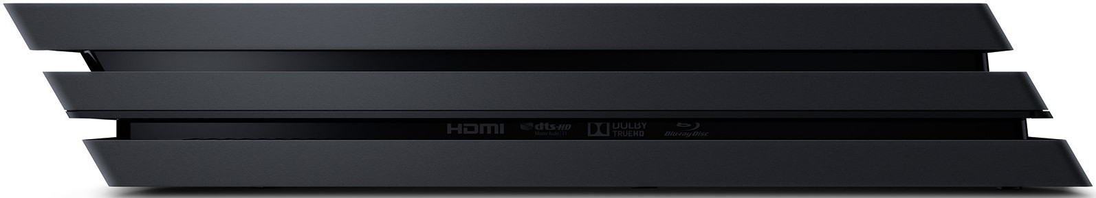 Zwarte PlayStation 4 Pro console. HDMI, DTS-HD, Dolby en Blu-ray Disc logo's zichtbaar. Witte achtergrond.