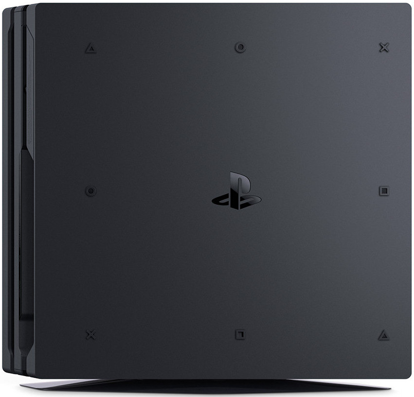 Een zwarte PlayStation 4 Pro-console met het PlayStation-logo in het midden.