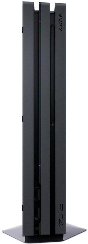 Zwarte Sony PS4 Pro console, zijaanzicht, verticaal staand.