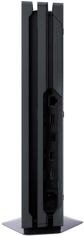 Zwarte PlayStation 4 console, zijaanzicht. Poorten zichtbaar aan de zijkant. Witte achtergrond.