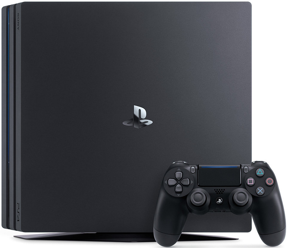 Zwarte Sony PS4 Pro-console met zwarte controller, witte achtergrond.