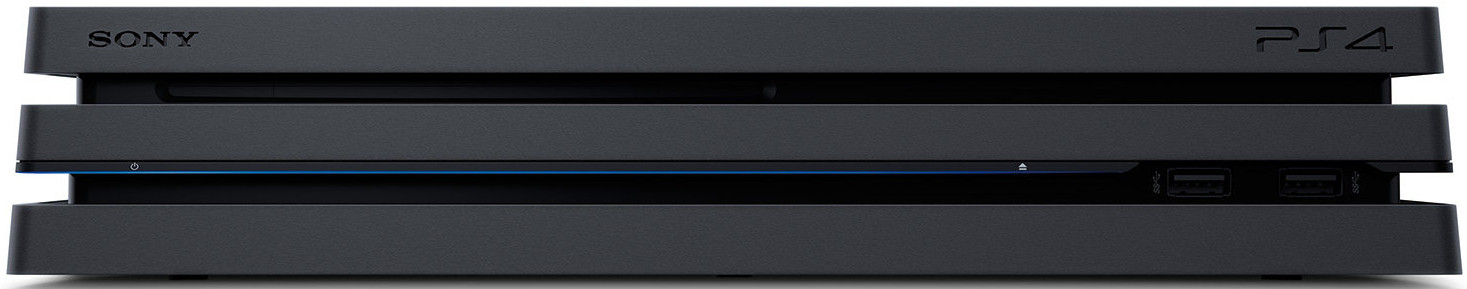 Zwarte Sony PS4-console, vooraanzicht, met USB-poorten en indicator.