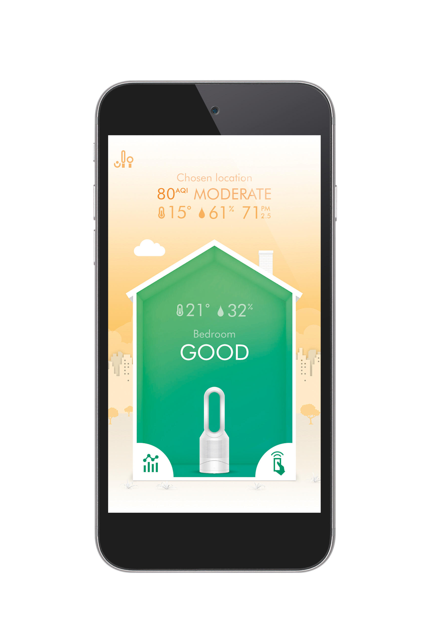 Ein Smartphone, das eine Dyson Luftqualitätskontroll-App-Oberfläche anzeigt.