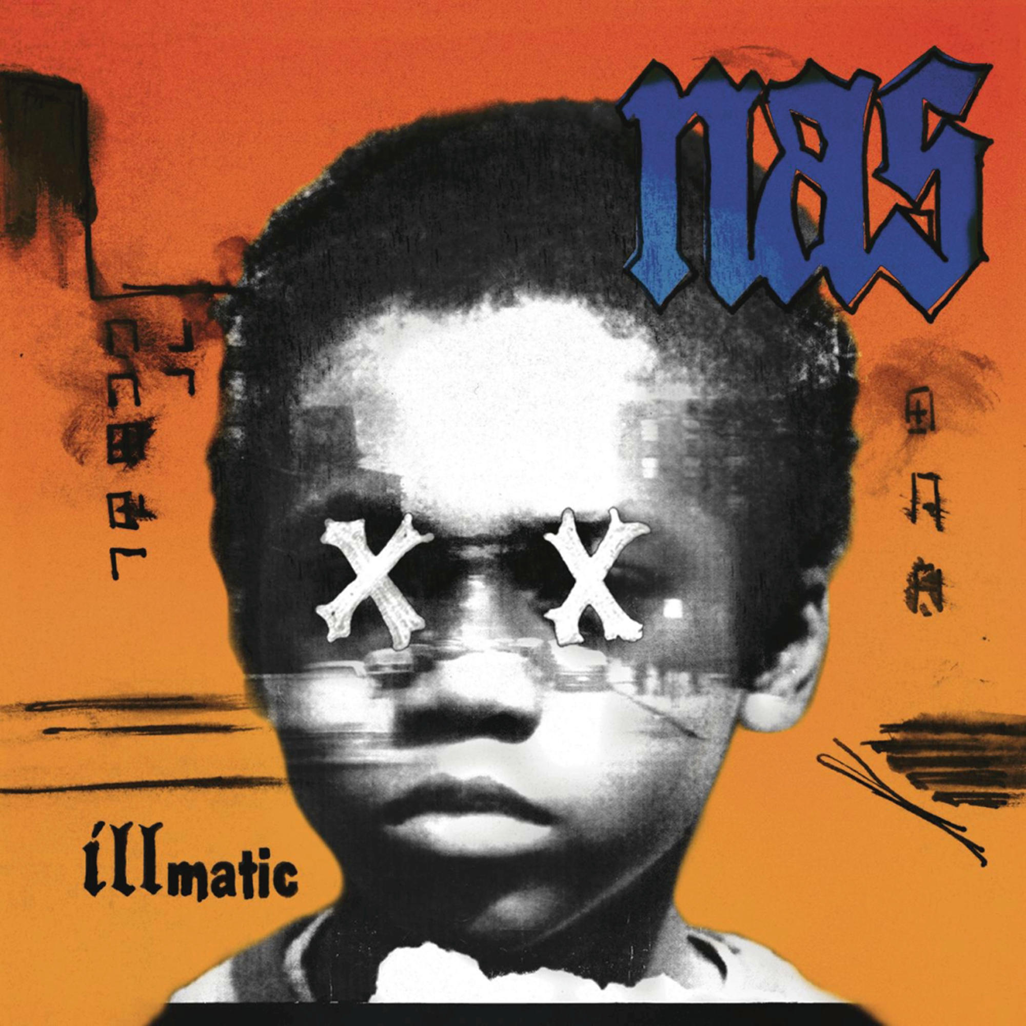 Nas Albumcover. Schwarzweiß-Bild eines Kindes mit Xs über den Augen.