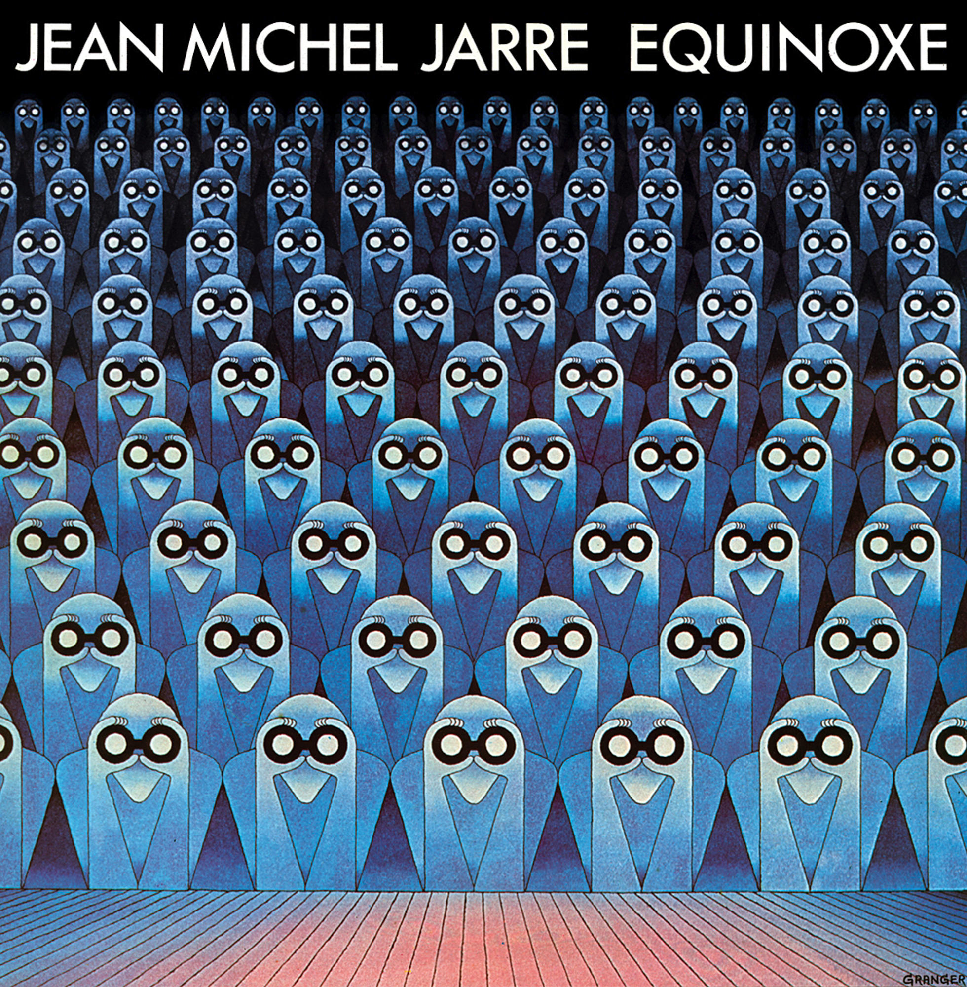 Albumcover, Jean Michel Jarres Equinoxe. Zeigt Reihen von blauen, oval geformten Figuren.