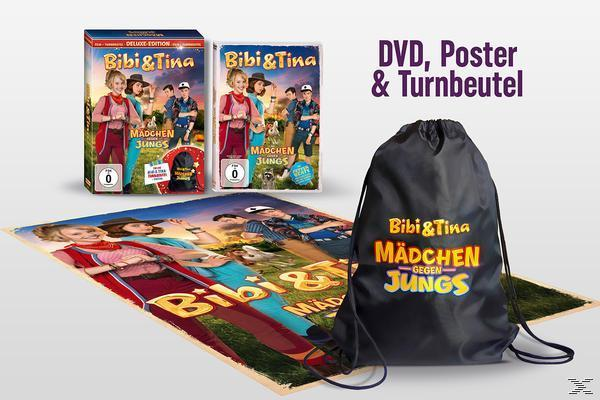 DVD-Set mit Bibi & Tina, Poster und Kordelzugbeutel, alle mit dem Filmtitel.