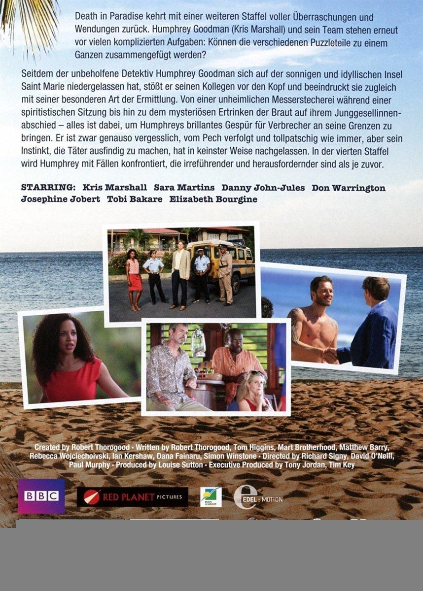 Death in Paradise DVD-Cover. Bilder von Charakteren in verschiedenen Szenen, vor tropischer Strandkulisse.