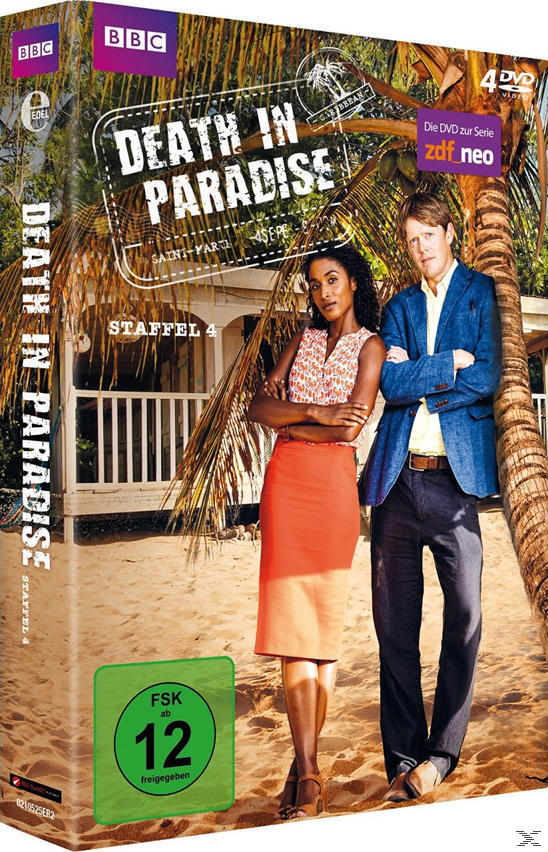 DVD-Cover: Mann und Frau an einem tropischen Strand. Text: Death in Paradise.
