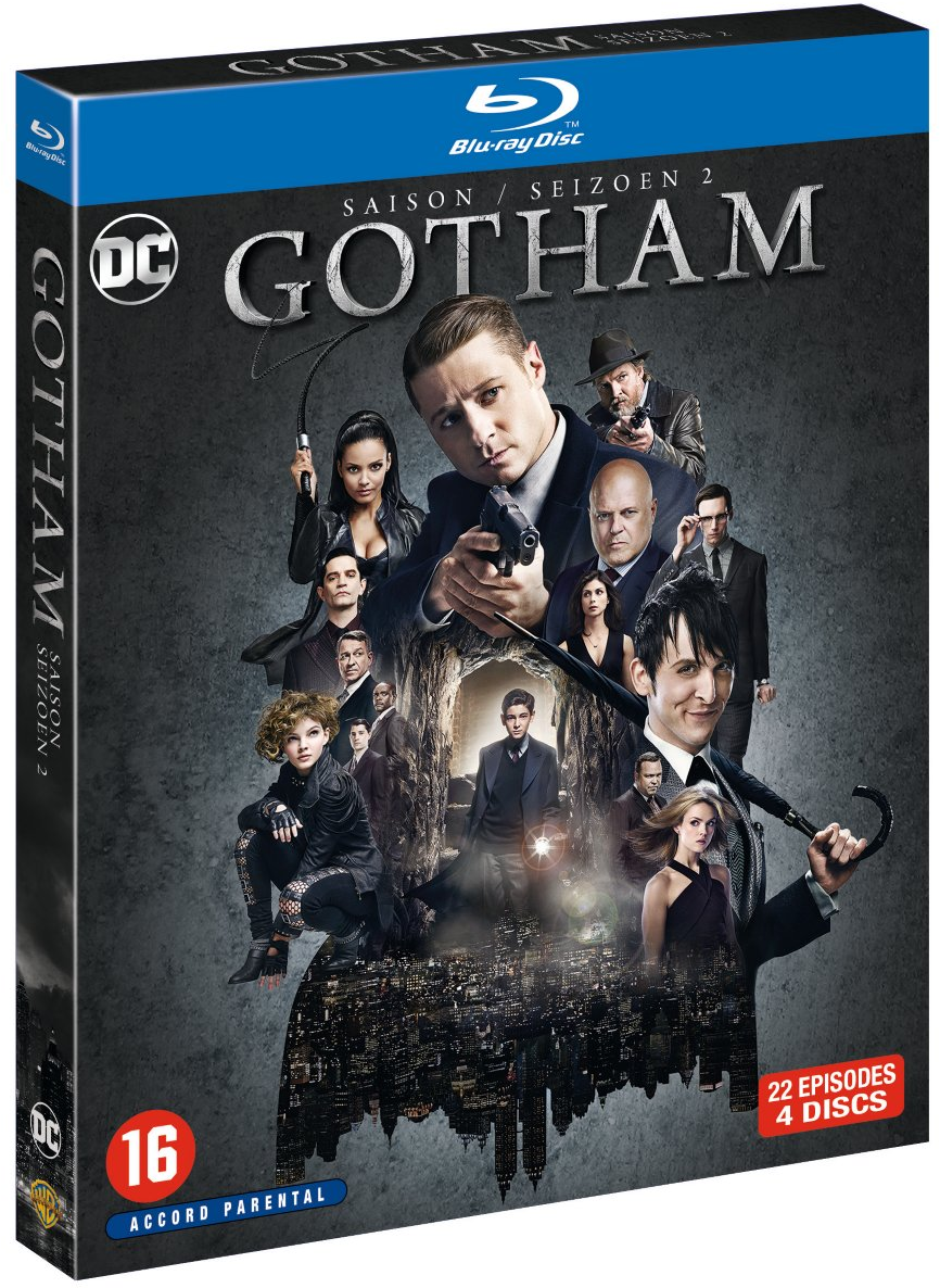 Couverture Blu-Ray de Gotham saison 2. Elle affiche des personnages sur un fond sombre et le logo de Gotham.