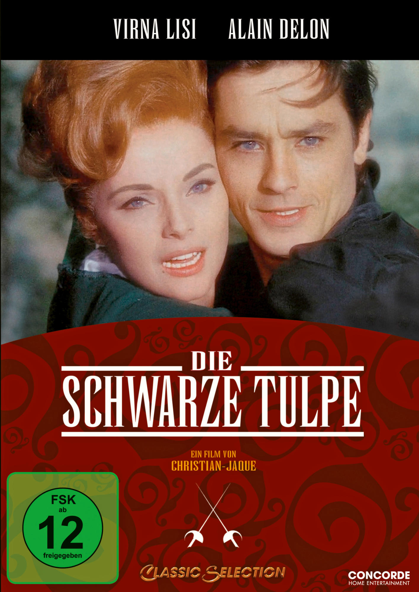 DVD-Cover von 'Die Schwarze Tulpe' mit einem Mann und einer Frau. Der Hintergrund ist dunkelrot mit floralen Mustern.