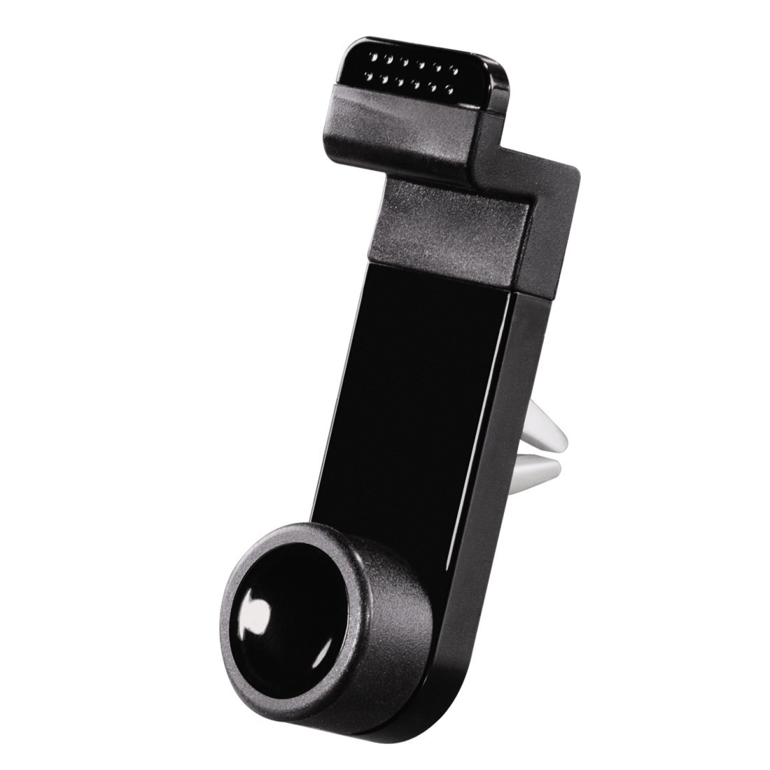 Schwarzer Handyhalter für die Lüftung im Auto. Ein Ende hat ein Kugelgelenk, das andere eine Lüftungsbefestigung.