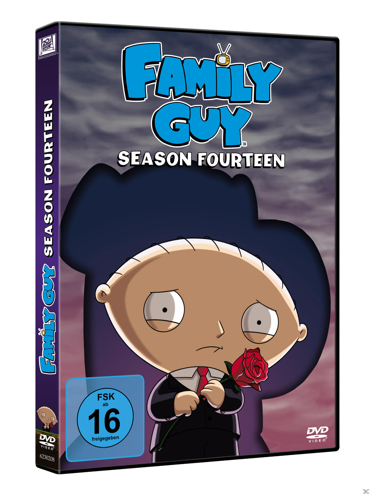 DVD-Hülle der 14. Staffel von Family Guy. Stewie hält eine Rose. Logo und Text befinden sich auf dem Cover.