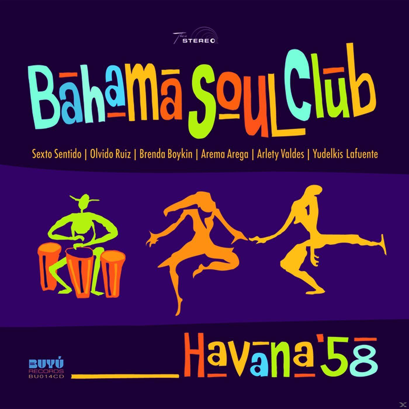 Albumcover: Bahama Soul Club, bunte Schrift und Figuren auf lila Hintergrund. Namen und 'Havana 58'.