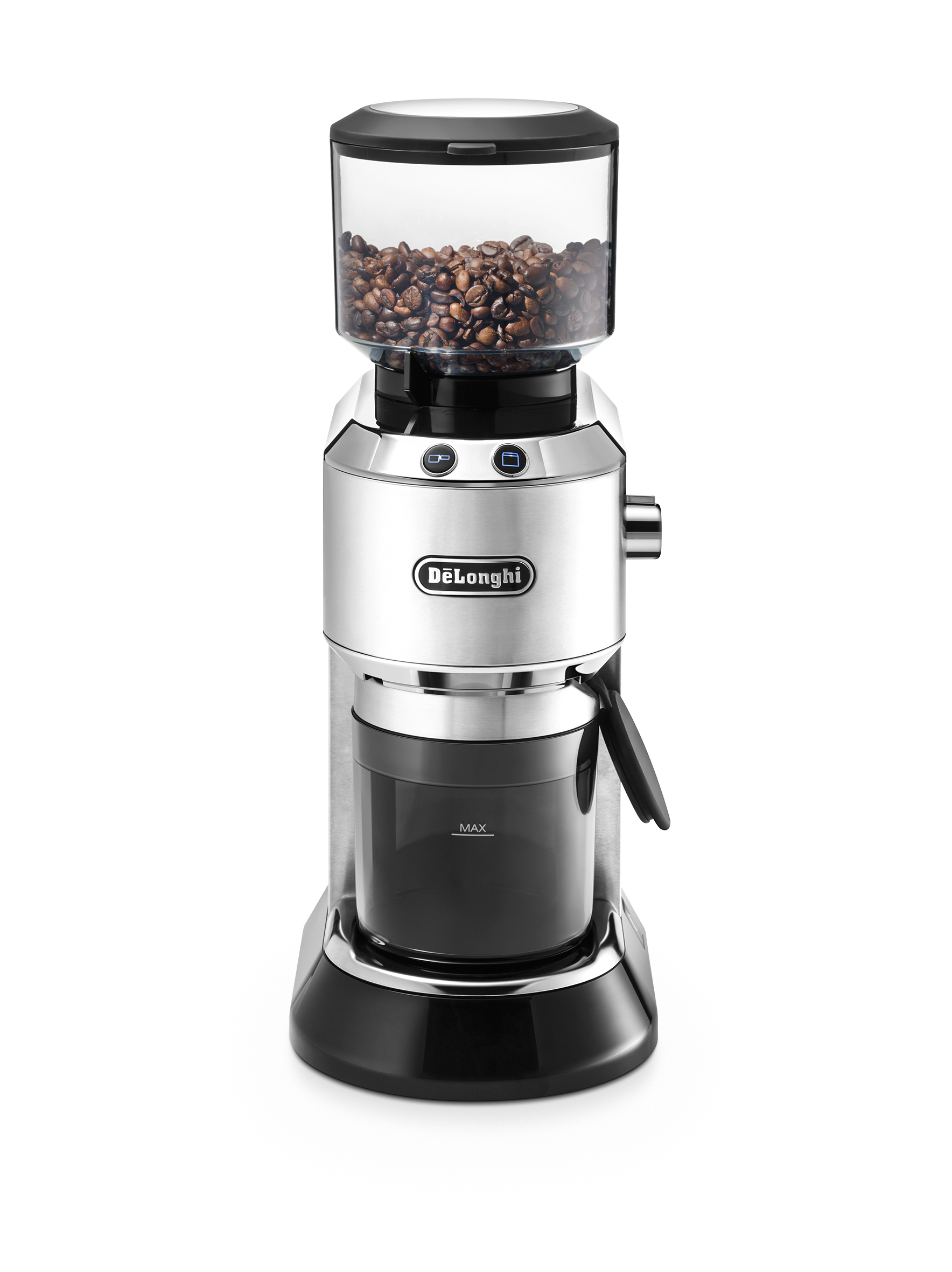 Silberner und schwarzer Delonghi Kaffeemühle mit Bohnenbehälter.