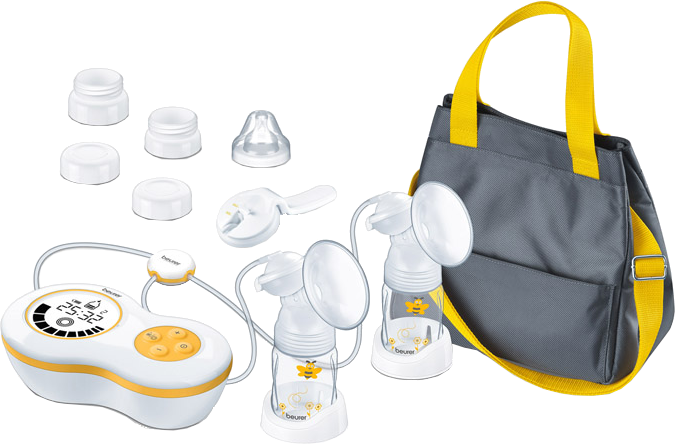 Brustpumpen-Set mit Flaschen, Zubehör und Tragetasche, alles auf weißem Hintergrund angeordnet.