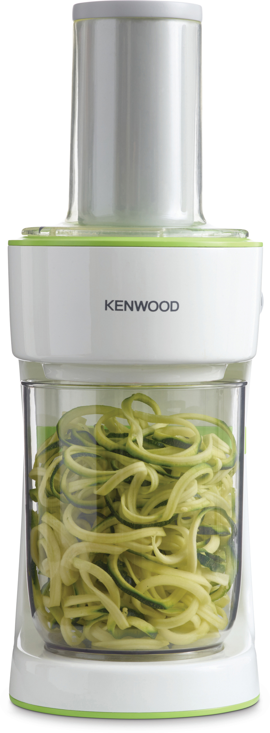 Weißer und grüner Kenwood Gemüse-Spiralschneider mit einem transparenten Behälter mit Zucchin Nudeln.