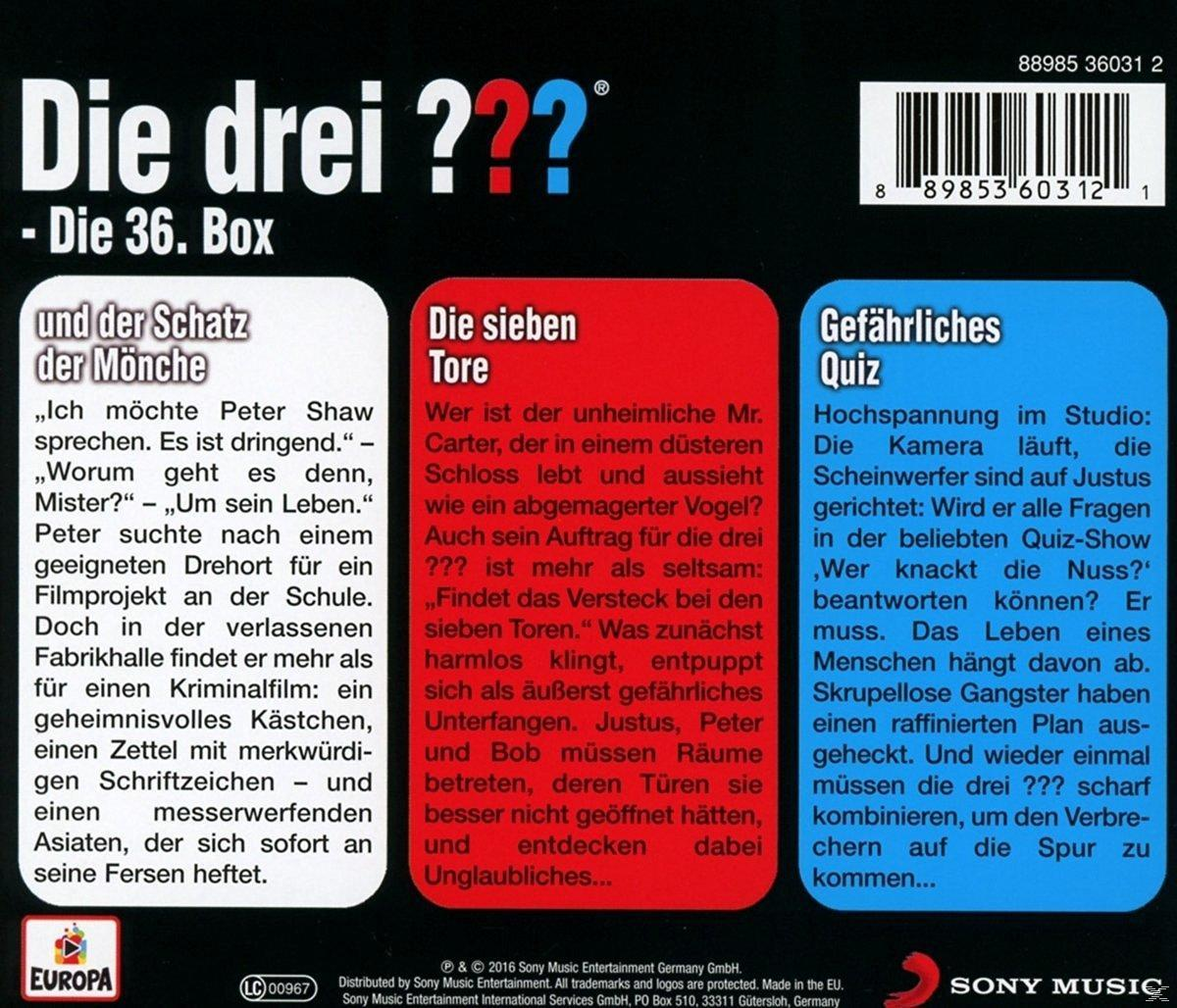 Buchcover mit deutschem Text und Cartoon-Bild eines Detektivs. Text enthält „Die drei ???“.