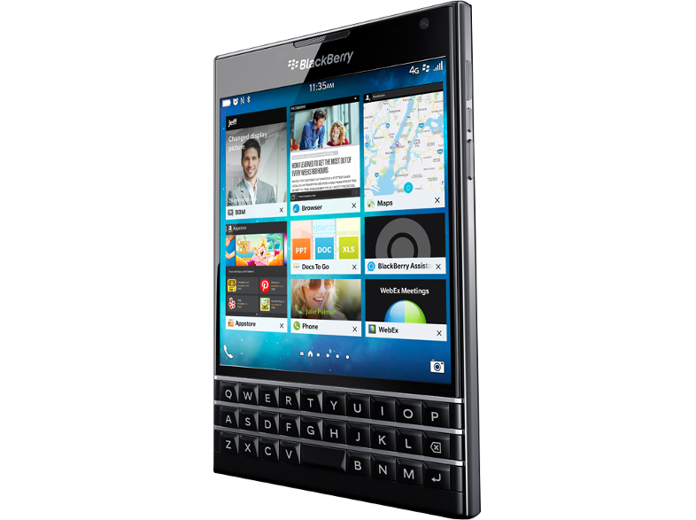 BlackBerry telefon érintőképernyővel és fizikai billentyűzettel. A kijelző alkalmazásokat és időt mutat.