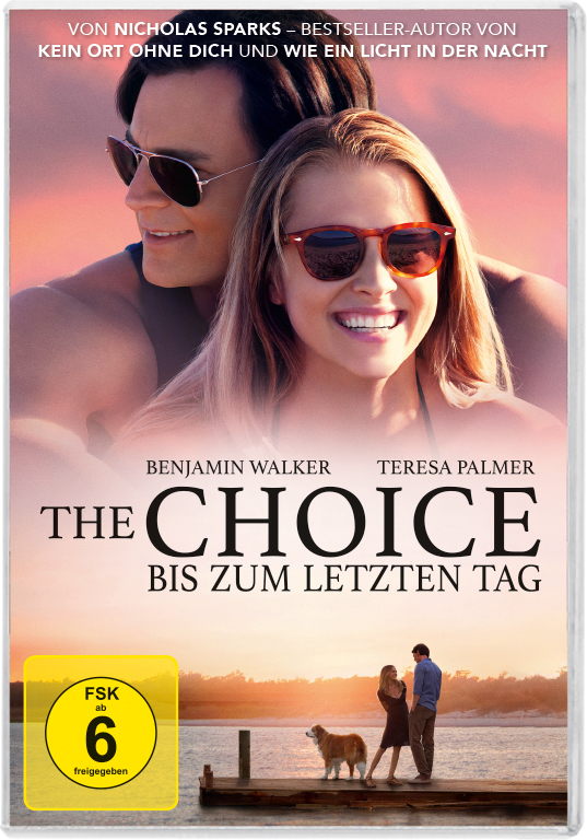 DVD-Cover: Ein Paar auf einem Pier. Titel "The Choice". Strand und Hund im Hintergrund.