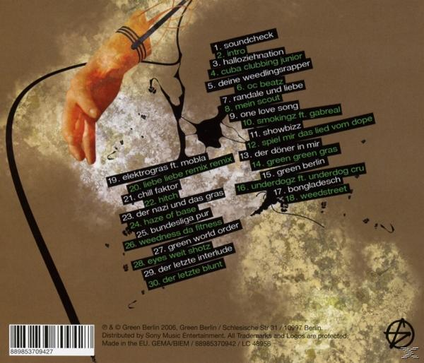 Rückseite einer CD-Hülle. Ein Hand- und Gehirnbild mit Songtiteln. Green Berlin.
