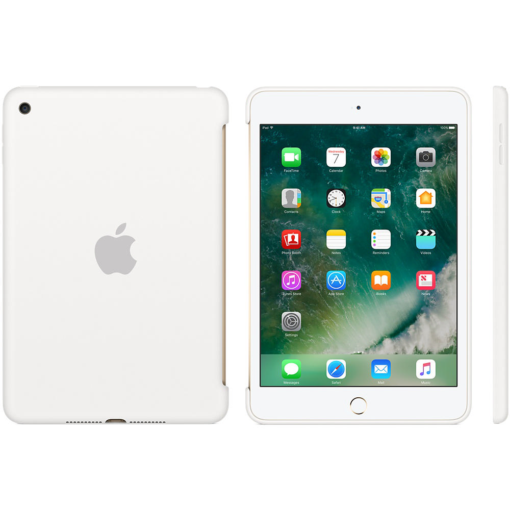 Kılıfıyla beyaz bir iPad, ön, arka ve yan görünümler.