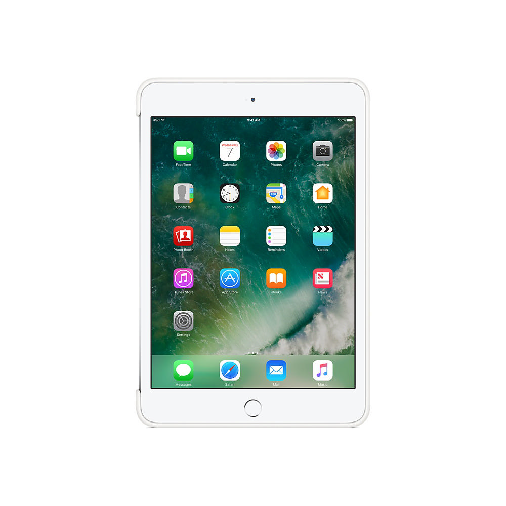 Çok sayıda uygulama simgesi içeren ana ekranını gösteren beyaz kasalı beyaz bir iPad Mini.