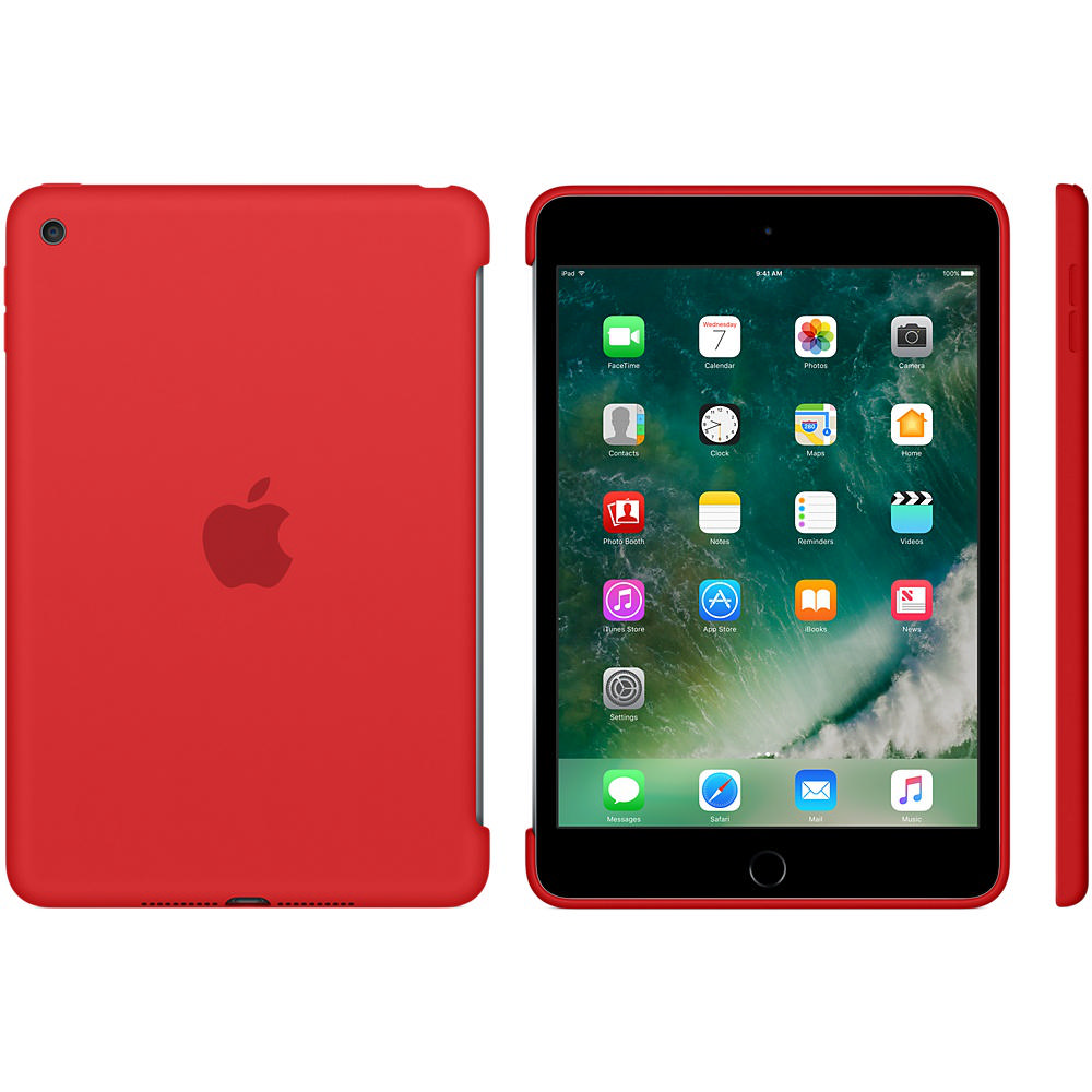 Apple logosu olan kırmızı iPad kılıfı ve uygulamaları gösteren kırmızı iPad.