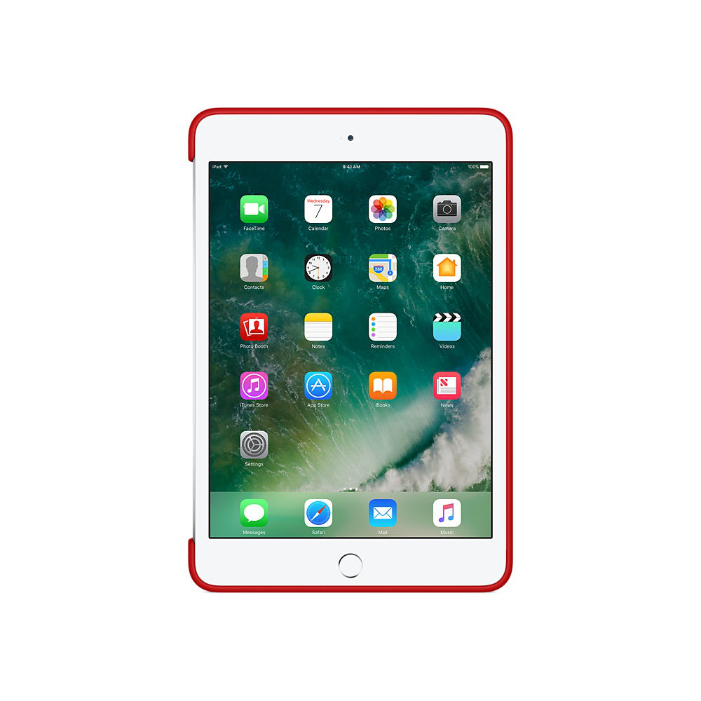 Beyaz arka plan üzerinde uygulama simgeleriyle dolu ana ekrana sahip kırmızı bir iPad.